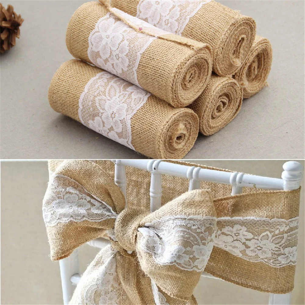 Supply Wedding Venue - 10PC เก้าอี้ผ้าลินินกลับตกแต่งโบว์ผ้าลินินลูกไม้ยุโรปสไตล์เก้าอี้กลับสถานที่จัดงานแต่งงานตาราง Runner อุปกรณ์ตกแต่ง