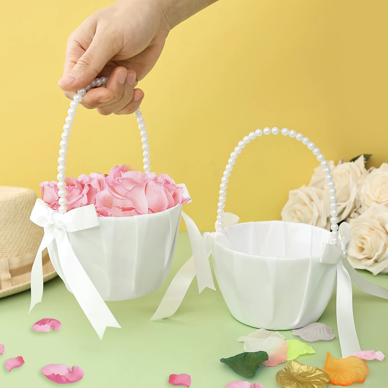 Wedding Ceremony Supply - 2 ชิ้น ตะกร้าดอกไม้งานแต่งงาน โบว์ผ้าซาติน สไตล์ตะวันตก พร้อมหูจับมุกเทียม