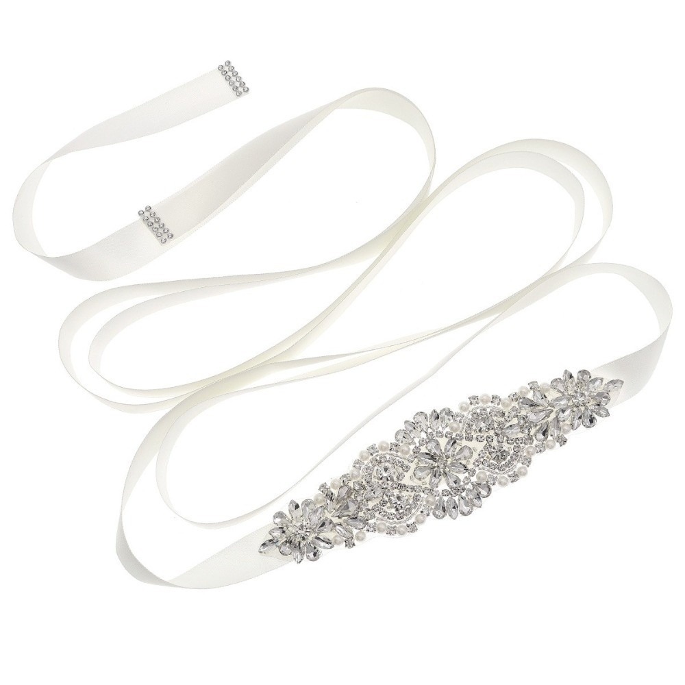 Bridal Sash Ribbon - เข็มขัดแฟชั่นประดับริบบิ้นสีเงิน สไตล์เกาหลี เข็มขัดแต่งงานประดับเพชรพลอย เข็มขัดชุดเจ้าสาว สายคาดเอวเจ้าสาว