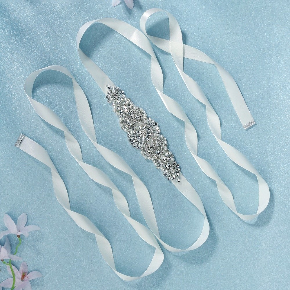 เข็มขัดแฟชั่นประดับริบบิ้นสีเง - Bridal Sash Ribbon บทวิจารณ์และราคา